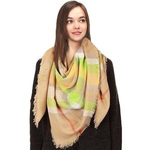 Women's Plaid Square Beige Acrylic Winter Scarf 53x53 Shawl (NWT)